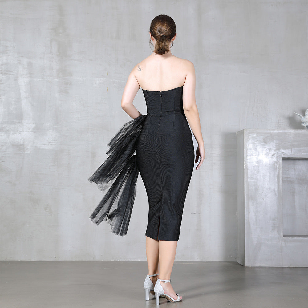 Strapless Tulle Asymmetric Slit Bodycon Midi Dress