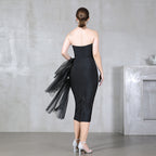 Strapless Tulle Asymmetric Slit Bodycon Midi Dress