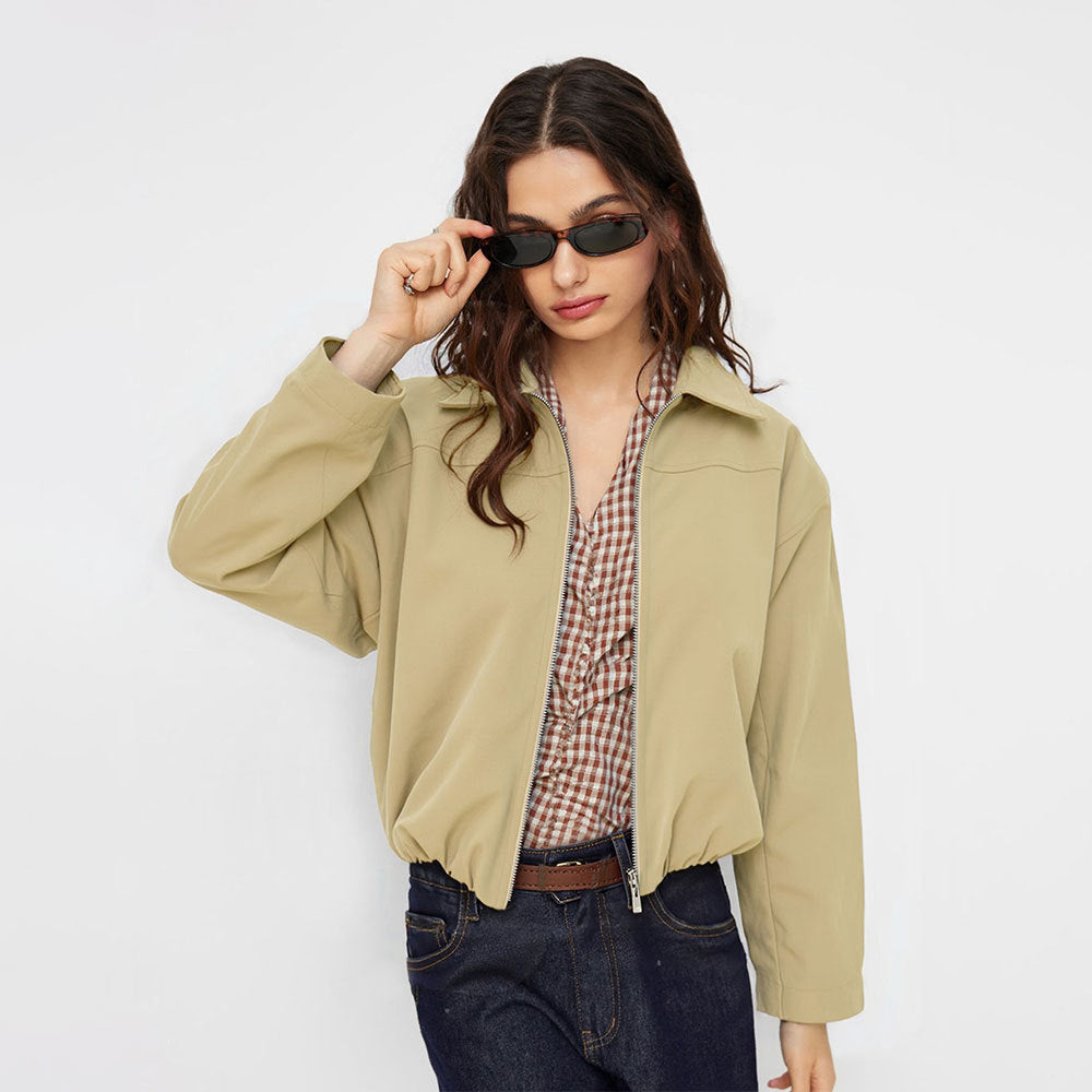 Women's Spring Autumn Khaki Short Work Clothes Coat Office Collared Stand Collar Multiple Wear Zipper Jacket for Women