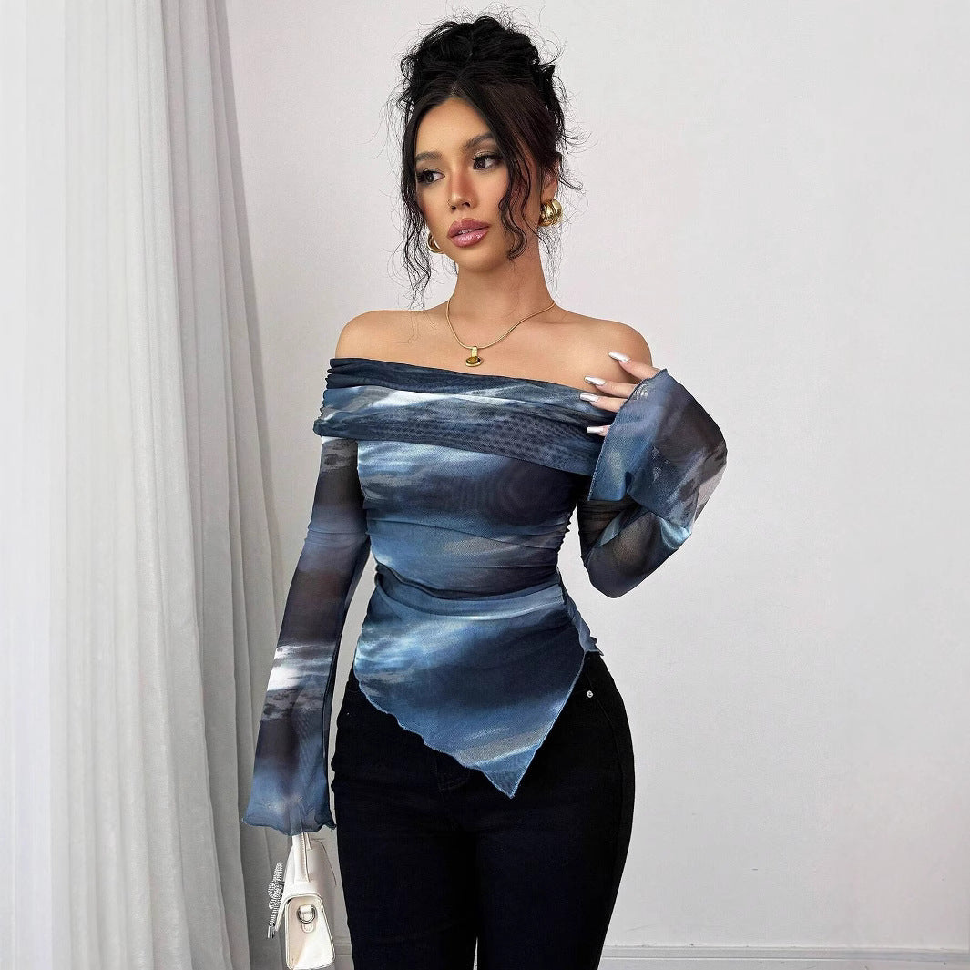 Printed Off-Shoulder Mesh Top