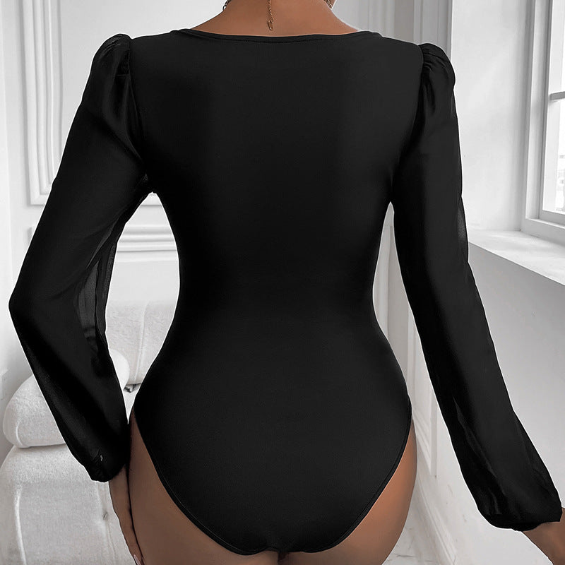 Women's Black Mesh V-Neck Long Sleeve Jumpsuit