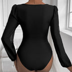 Women's Black Mesh V-Neck Long Sleeve Jumpsuit