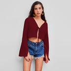 V Neck T Shirt Chest Lace Up Niche Wine Red Cardigan Top Women