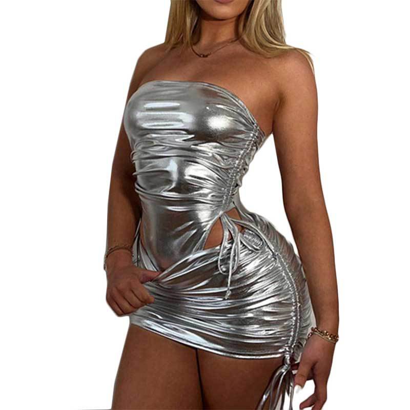 Metallic Coated Fabric Off Shoulder Jumpsuit Hip Skirt Set Sexy Office Young Sexy Tube Top Jumpsuit Drawstring Skirt