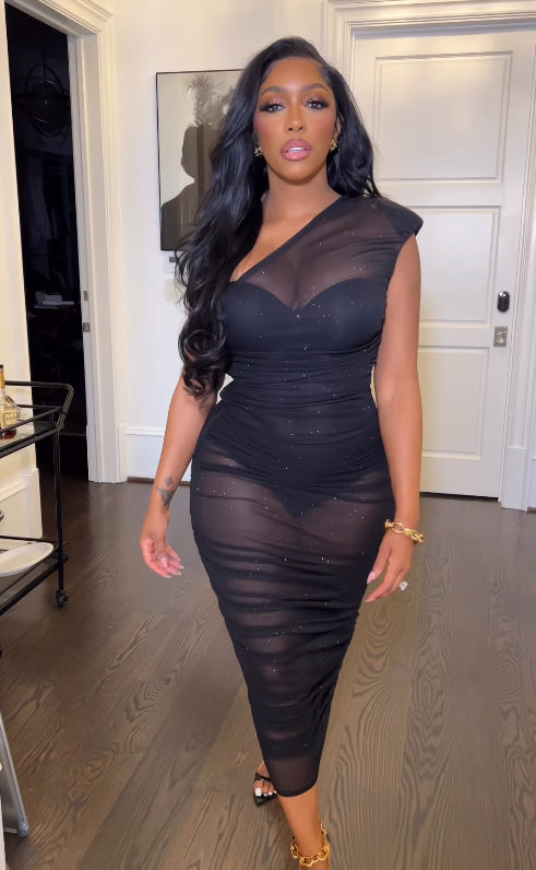 One Shoulder Mesh Bodycon Midi Dress
