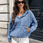 Women's Hooded Half Cardigan Button Drop Shoulder Long Sleeve Washed Denim Hooded Pullover Tops Women