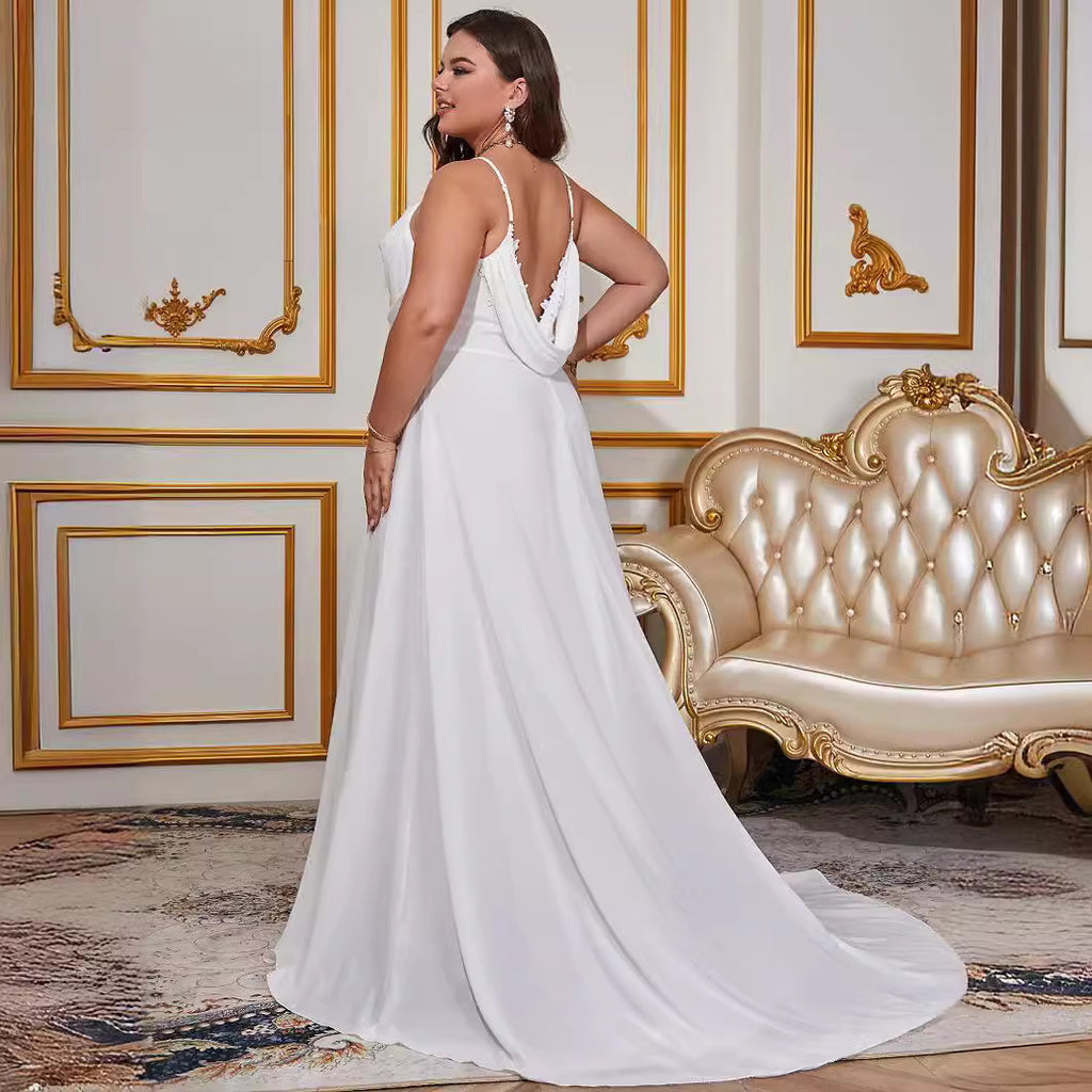 Women's Plus Size Solid Color Sling Backless Trailing Cocktail Ladies Wedding Dress