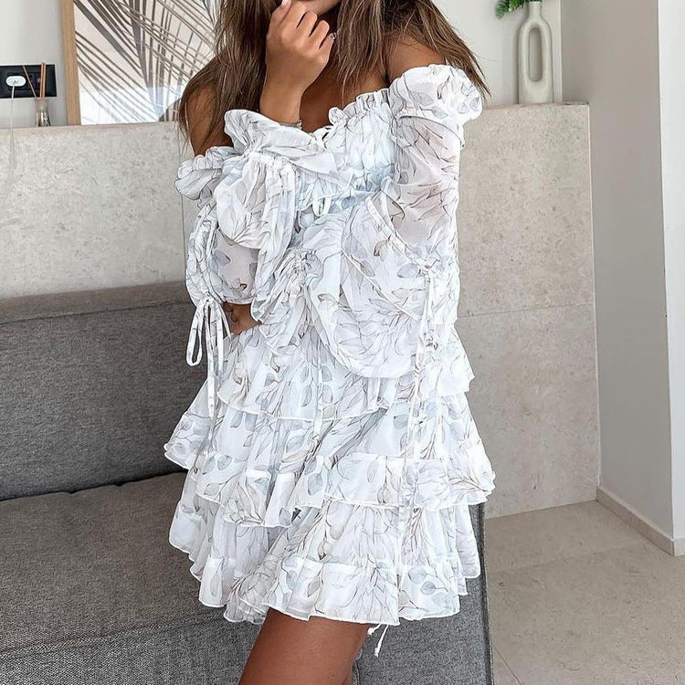 Digital Printing Dress Square Collar Long Sleeve