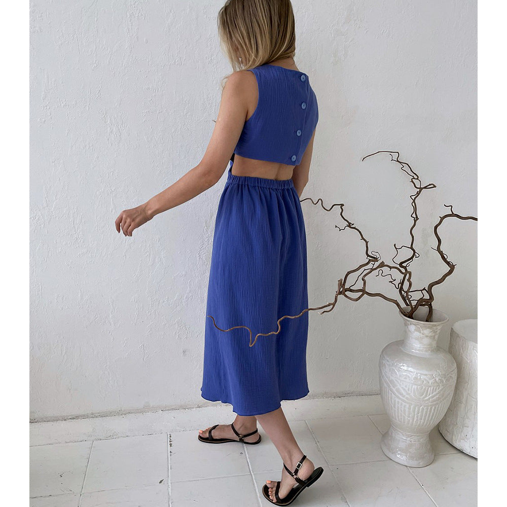 Cotton Crew-Neck Cutout Long-Sleeve A-Line Maxi Dress