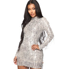Autumn Winter Clothes Slim Turtleneck Sequin Fringed Sheath Dress