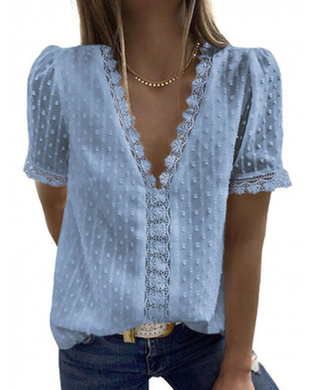 Women's Deep V-Neck Chiffon Shirt Embroidered Ruffled Short Sleeves Top Front Rear