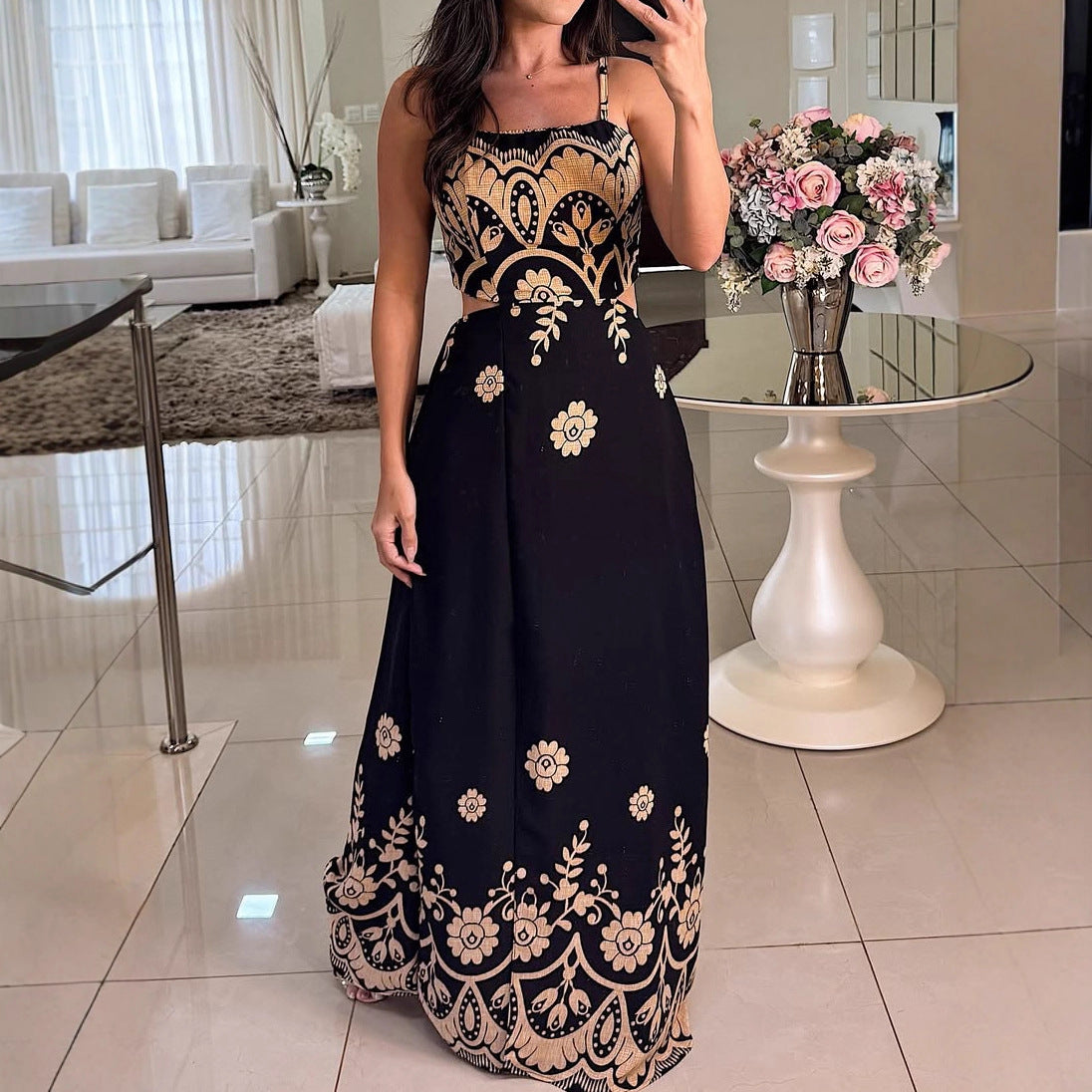 Women's Vintage Floral Spaghetti-Strap Maxi Dress