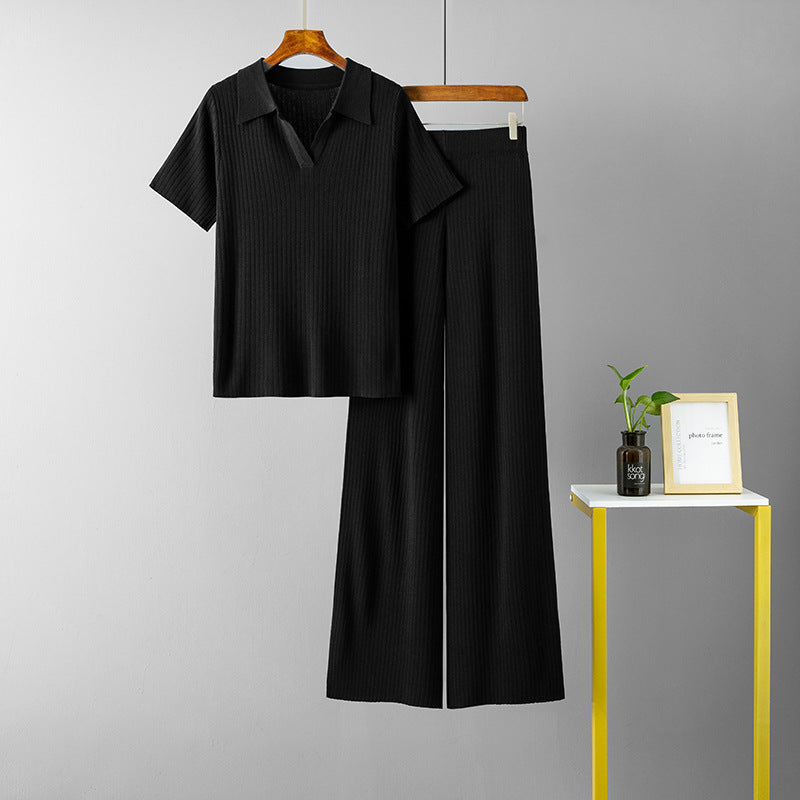 Polo Collar Pullover Short-Sleeve Top Slimming Solid Color Wide Leg Trousers Knitted Suit Set