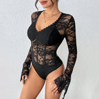 Black Lace V Neck Split Jumpsuit