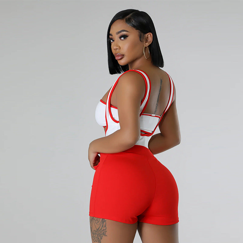 Color Matching Stretch Shorts Suit Summer Sleeveless Suspender Two-Piece Set