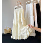 French Design Lace Stitching Skirt Women Summer High Waist Slimming A line Mid Length Tiered