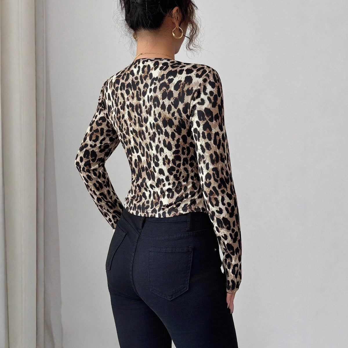 Leopard Contrast Faux Two-Piece Cardigan Top