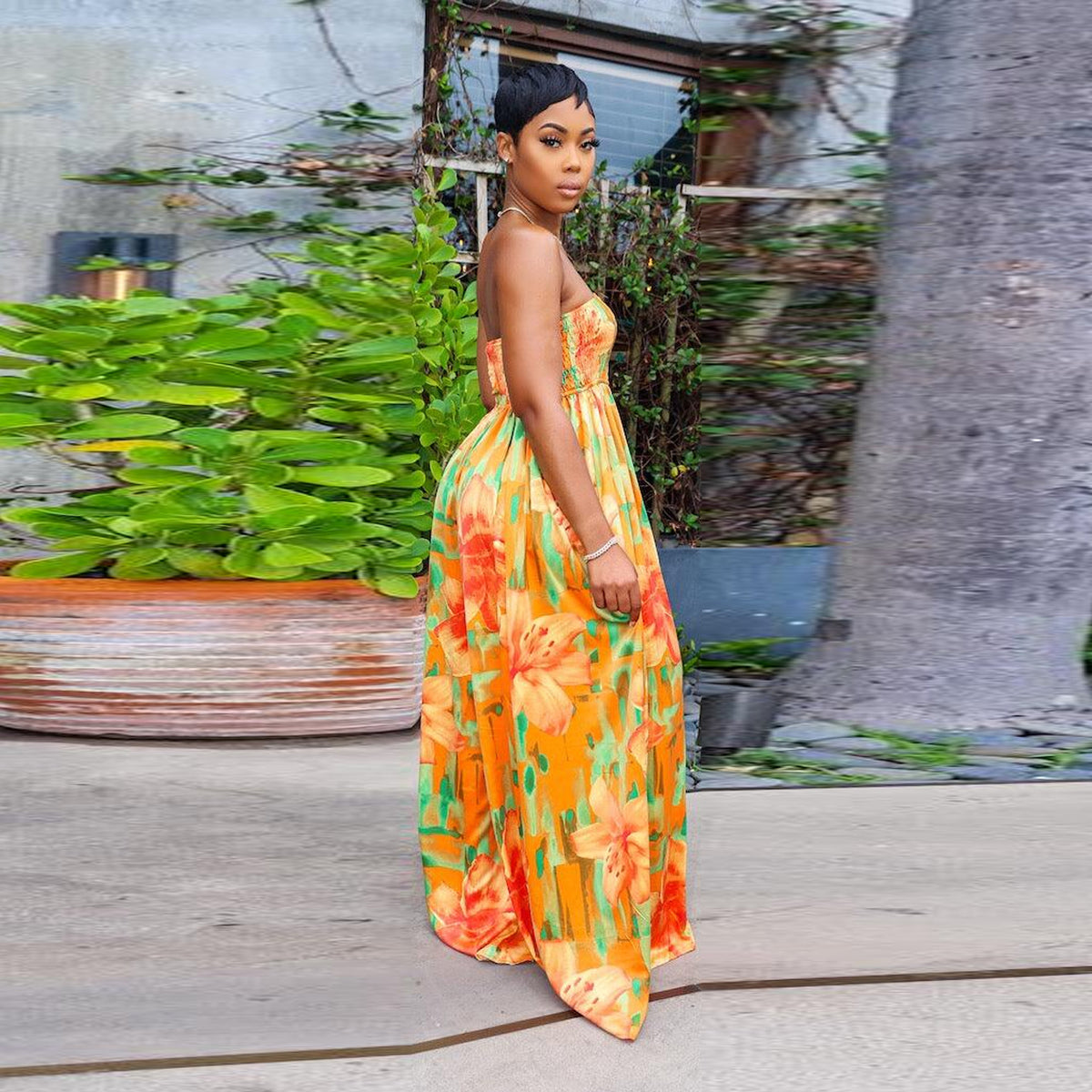 Floral Smocked Strapless Wide-Leg Jumpsuit