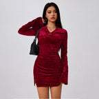 Women Dress Bell Sleeve Pleated Waist Tight Short Hip