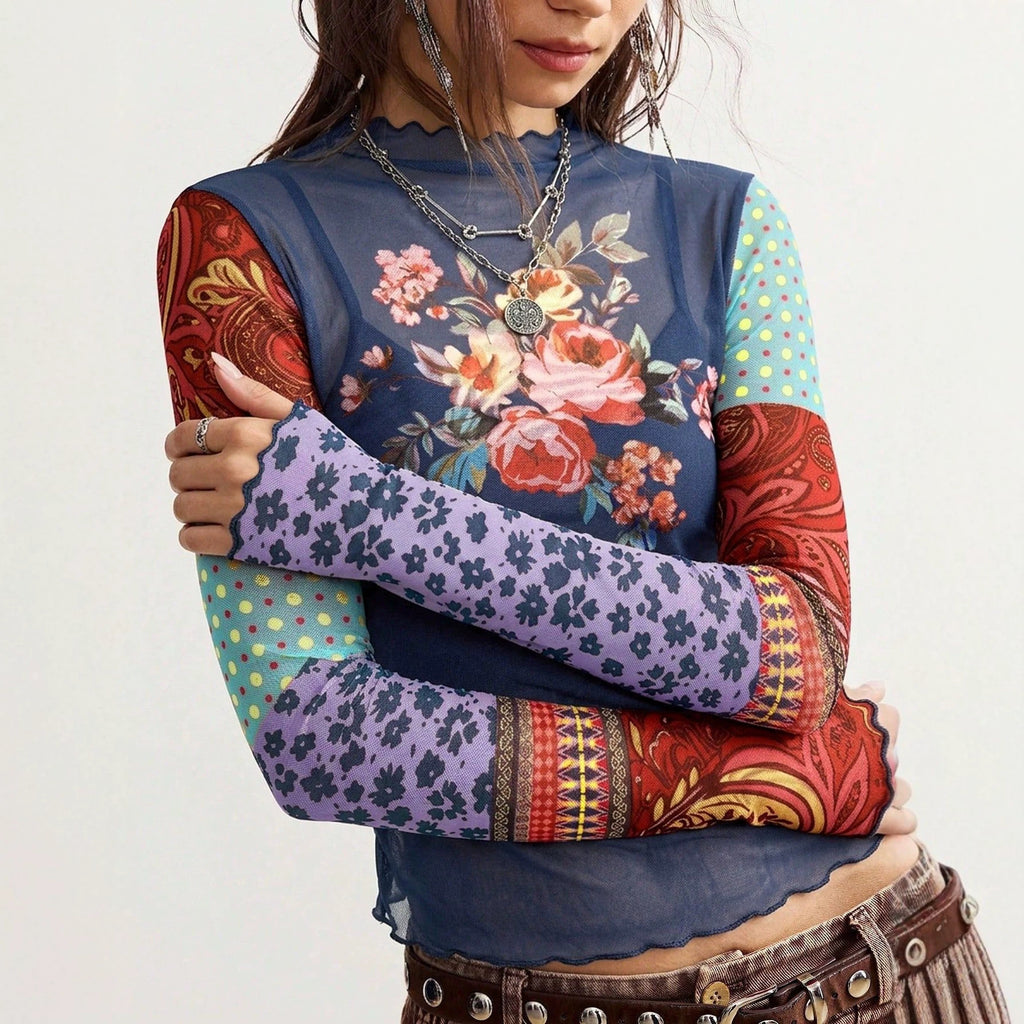 Autumn Mesh Printed Slim Top Fungus Long Sleeve Design T shirt