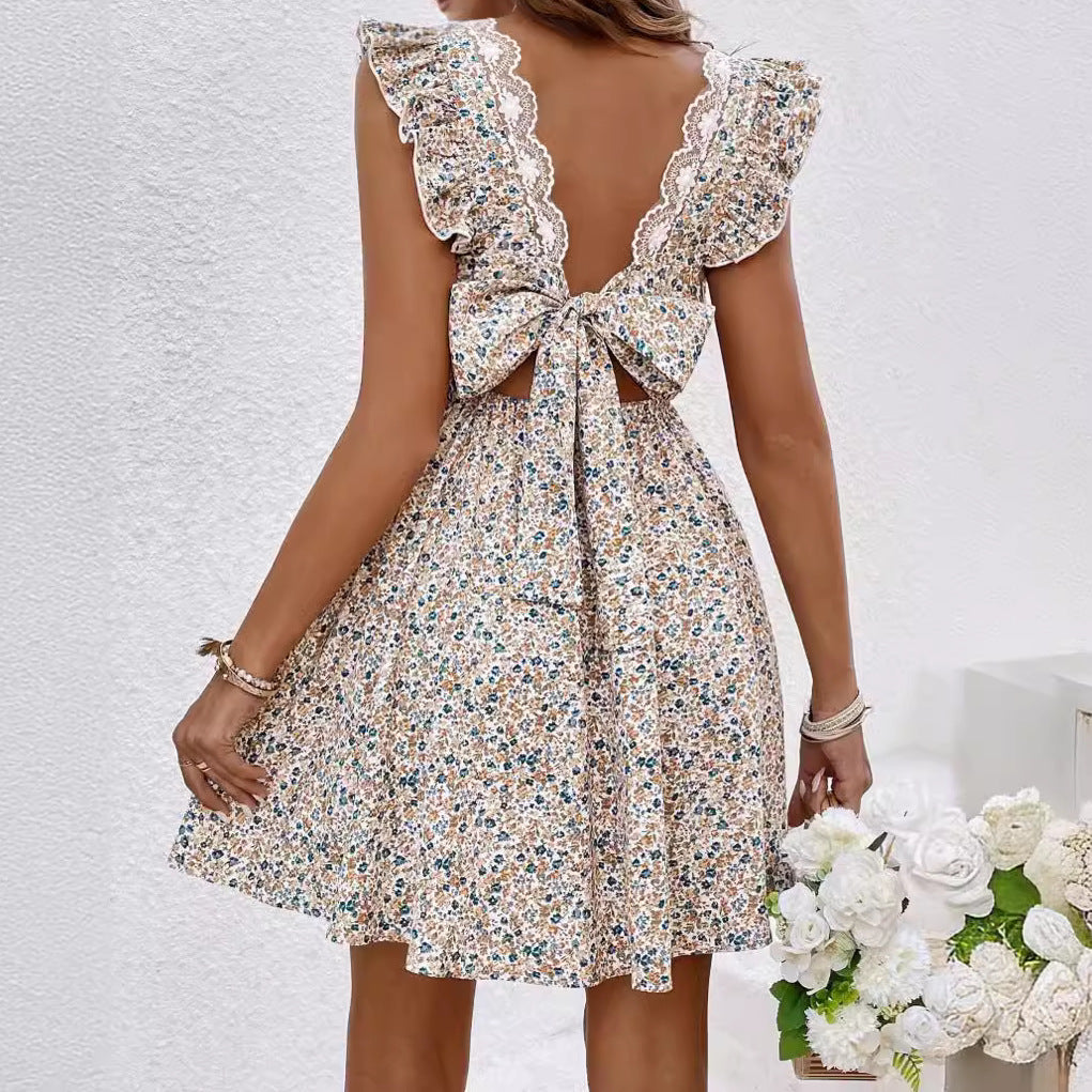 Women's Floral Ruffle V-Neck Backless A-Line Dress