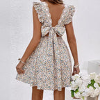Women's Floral Ruffle V-Neck Backless A-Line Dress