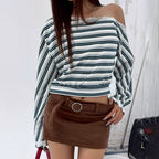Women's Striped Lace Knit Long Sleeve Top