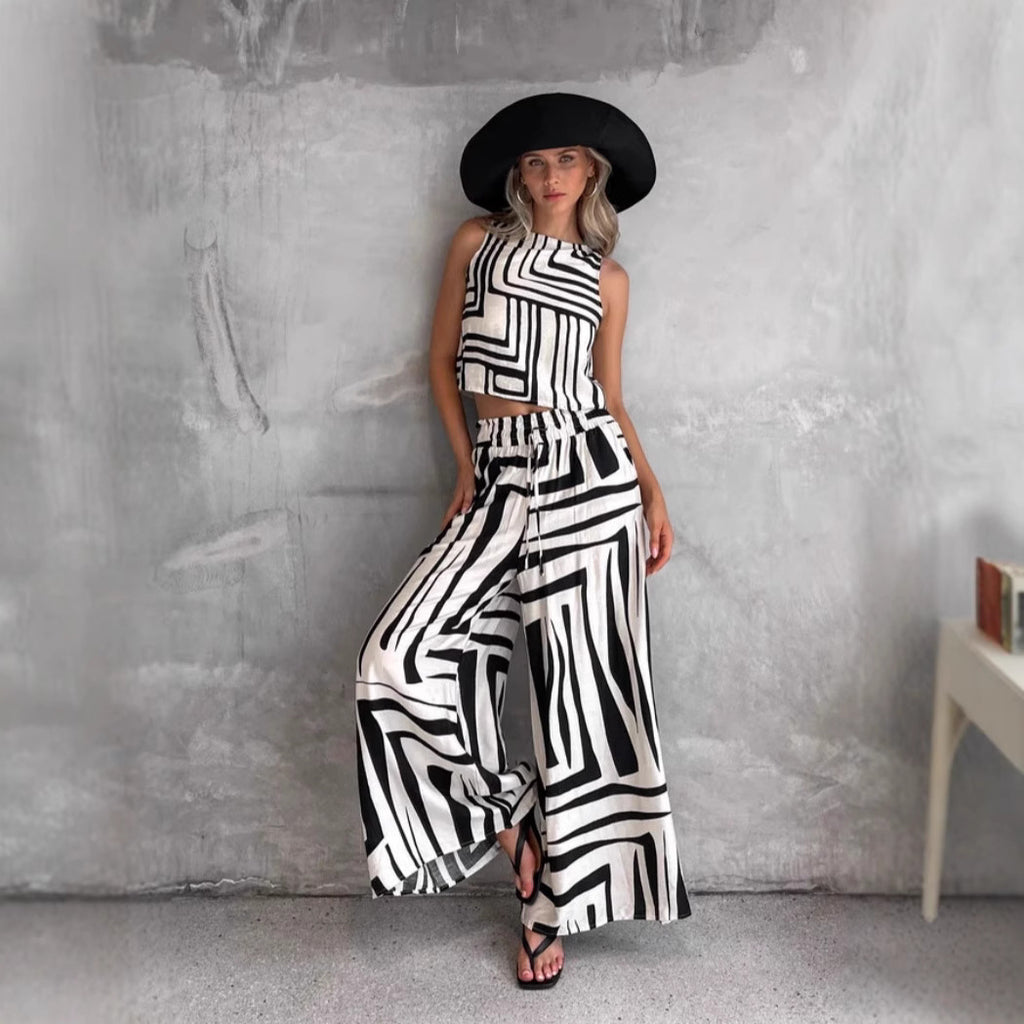 Women's Summer Several Printed Casual Loose Vest Wide Leg Straight