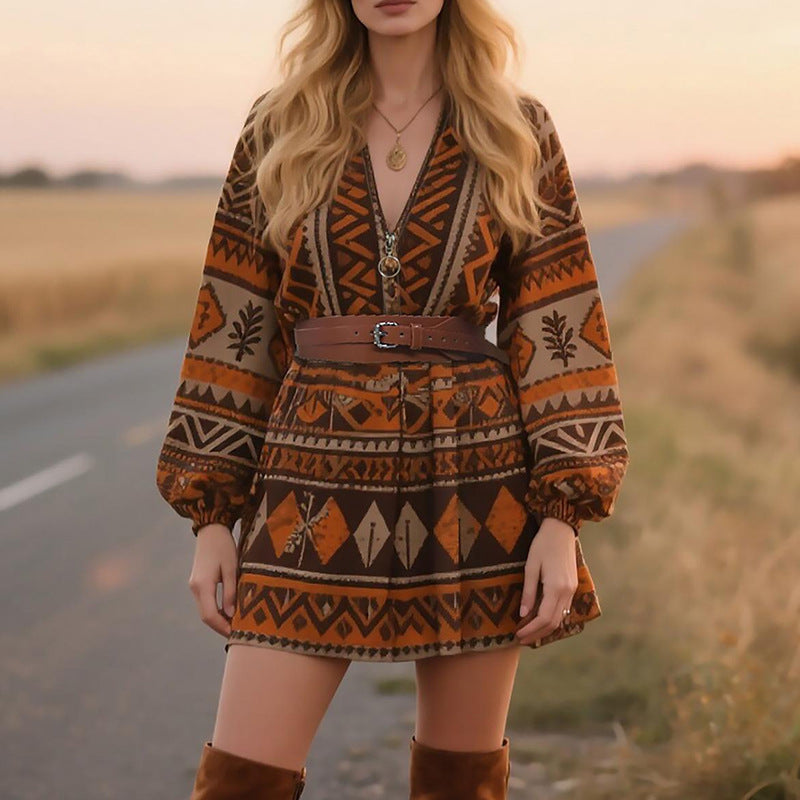 Bohemian Geometric Print Long-Sleeve Dress