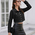 Collared Double Chest Pocket Metal Single Breasted Long Sleeve Hem Wool Tassel Cut Short Denim Jacket