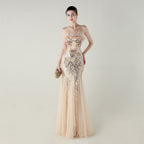 Women's Sequin Beaded Tube Floral Ostrich Feather Strapless Cross Strap Mesh Dress