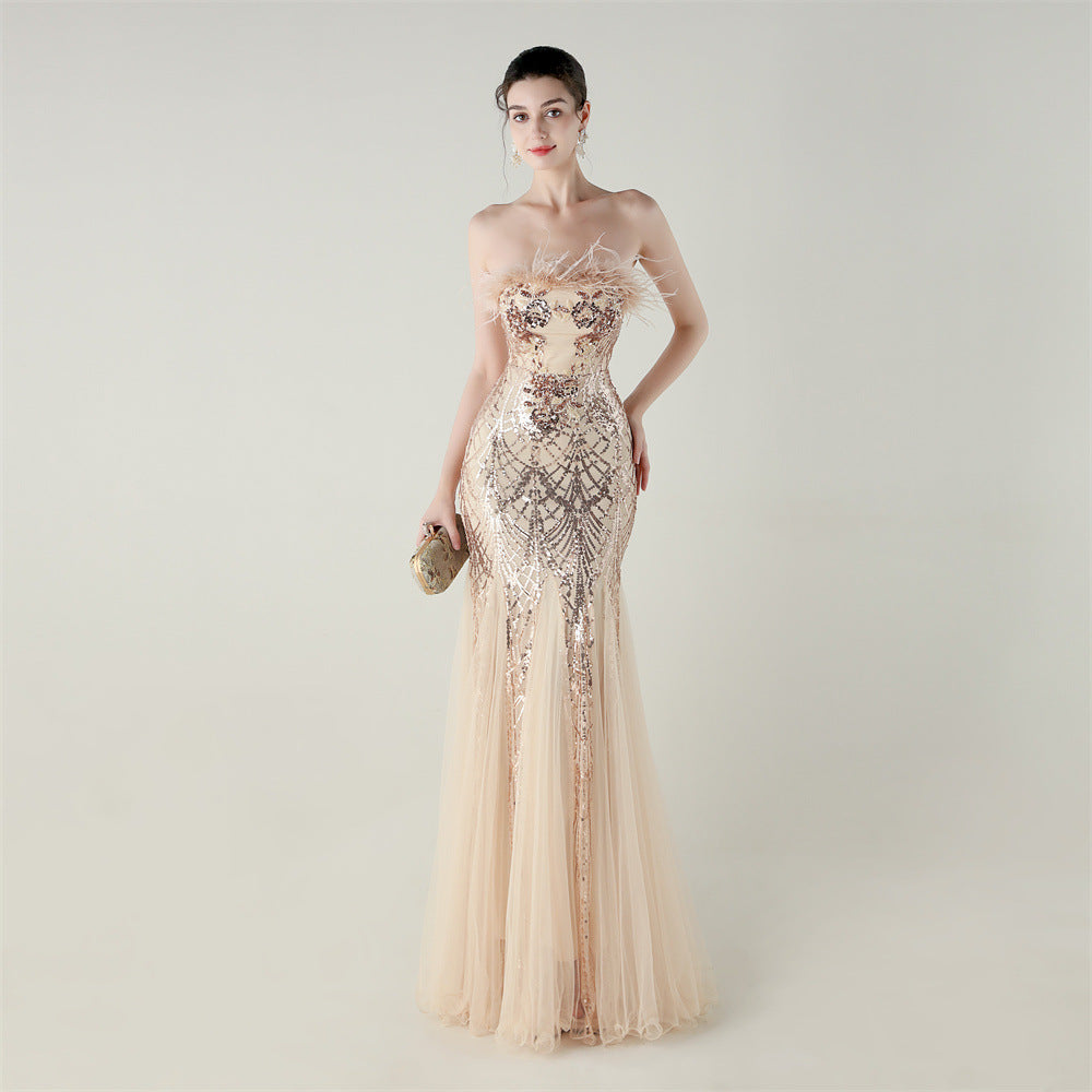 Women's Sequin Beaded Tube Floral Ostrich Feather Strapless Cross Strap Mesh Dress