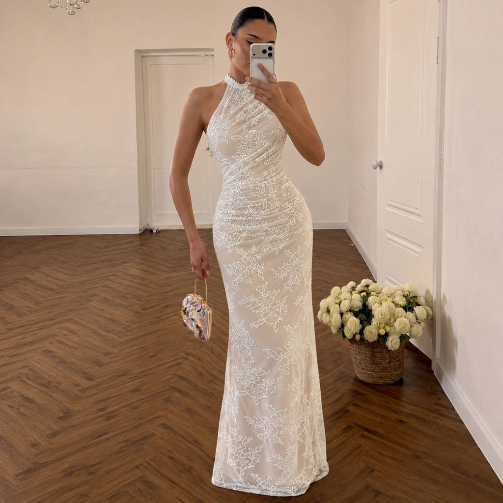 Women's Lace-Trim Halter Backless Maxi Dress
