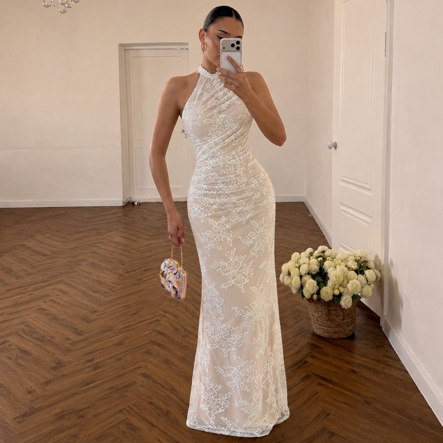 Women's Lace-Trim Halter Backless Maxi Dress