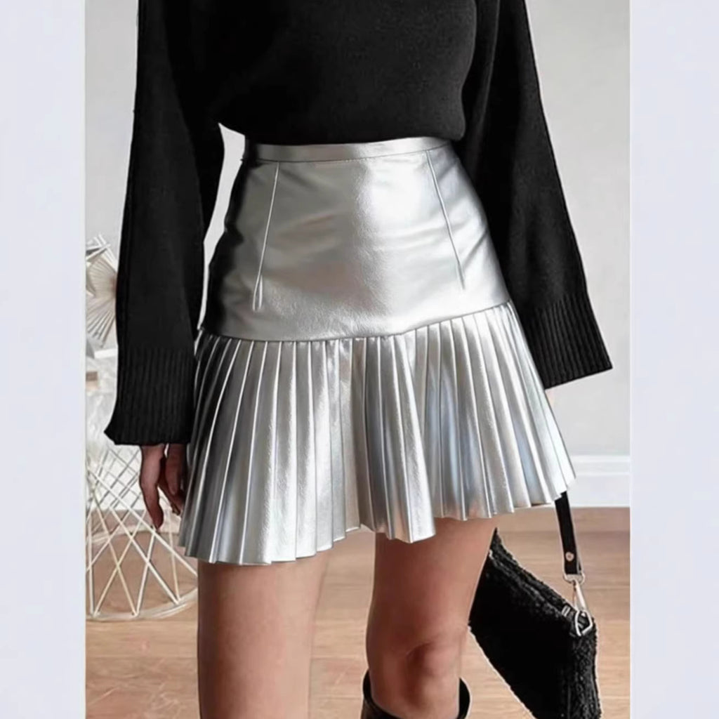 Leather Small Pleated A Line Skirt