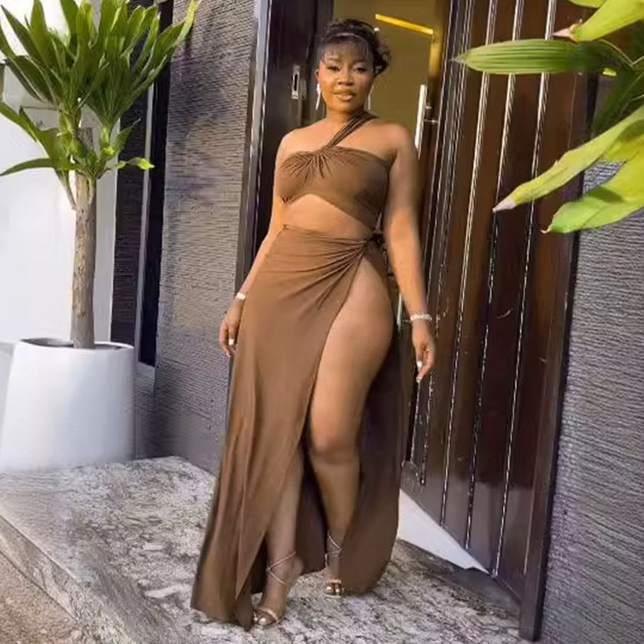Women's Solid Color Off Shoulder Top and Skirt Two-Piece Set