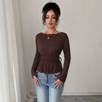 Women's Autumn Winter Elegant Texture Off Shoulder Top Women Waist Tight Slimming Flounce Long Sleeve T Shirt