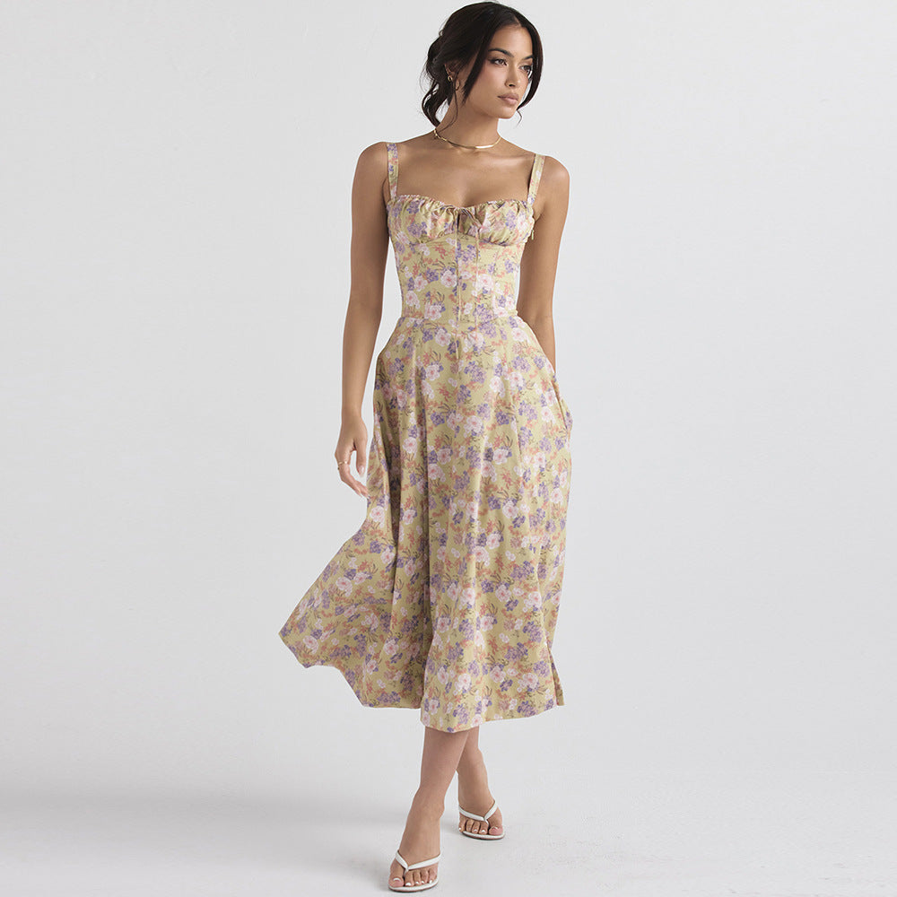 Women's Floral Spaghetti-Strap Tie Vacation Dress