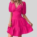 Short-Sleeve Cinched Waist Slim Fit Big Swing Dress Rose Red Tiered