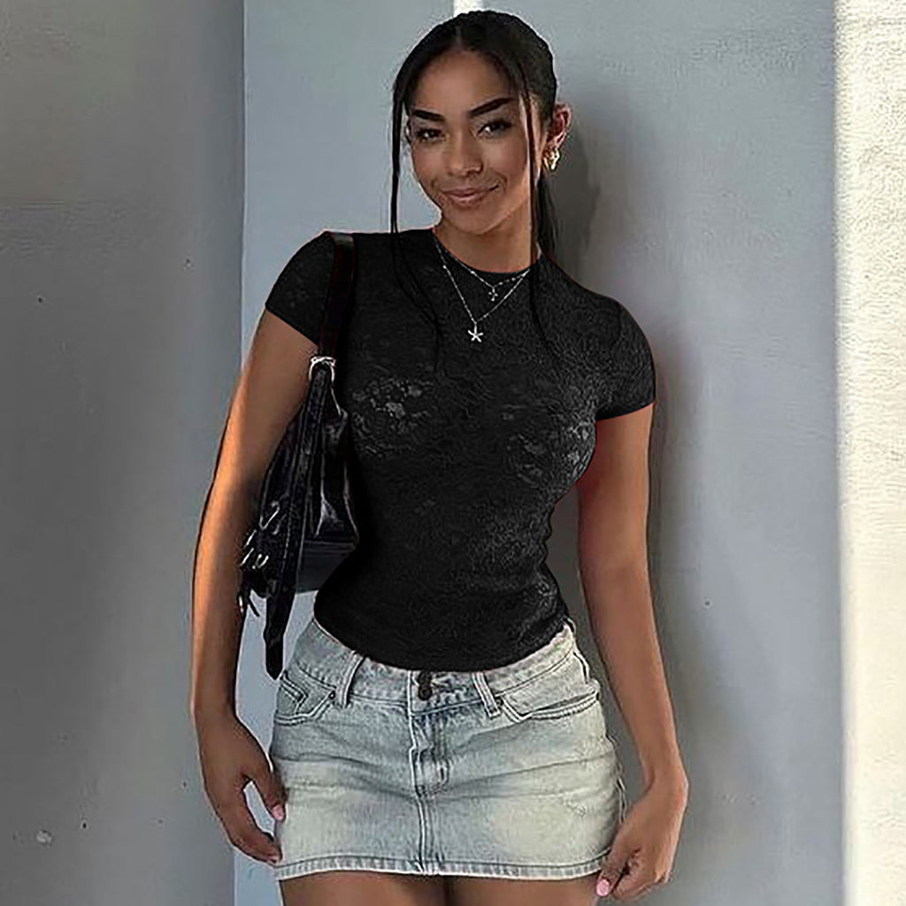 Women's Sheer Lace Crew Neck Short Sleeve Top