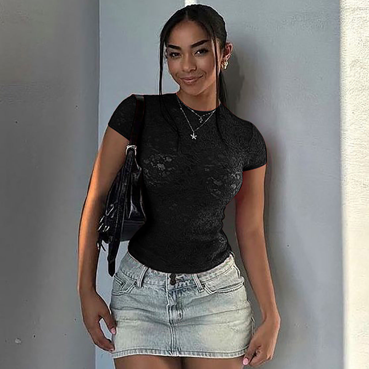 Women's Sheer Lace Crew Neck Short Sleeve Top