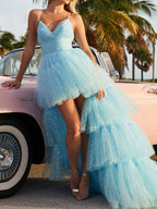 Strap Wedding Dress Blue Long Tail High Waist Tail Wedding Bridesmaid