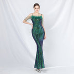Women's Beaded Ostrich Feather Colorful Sequin Long Evening Dress