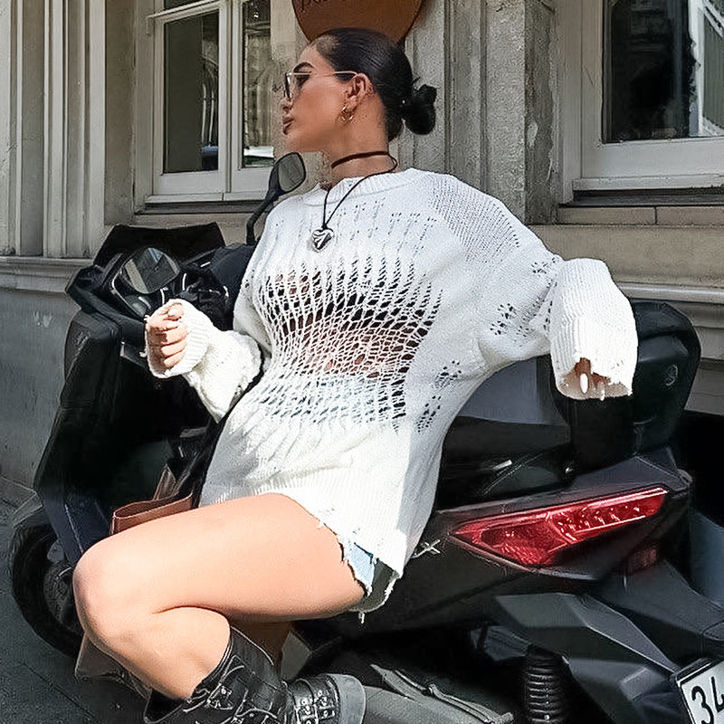 Autumn Winter Cutout Ripped Design Knitted Top