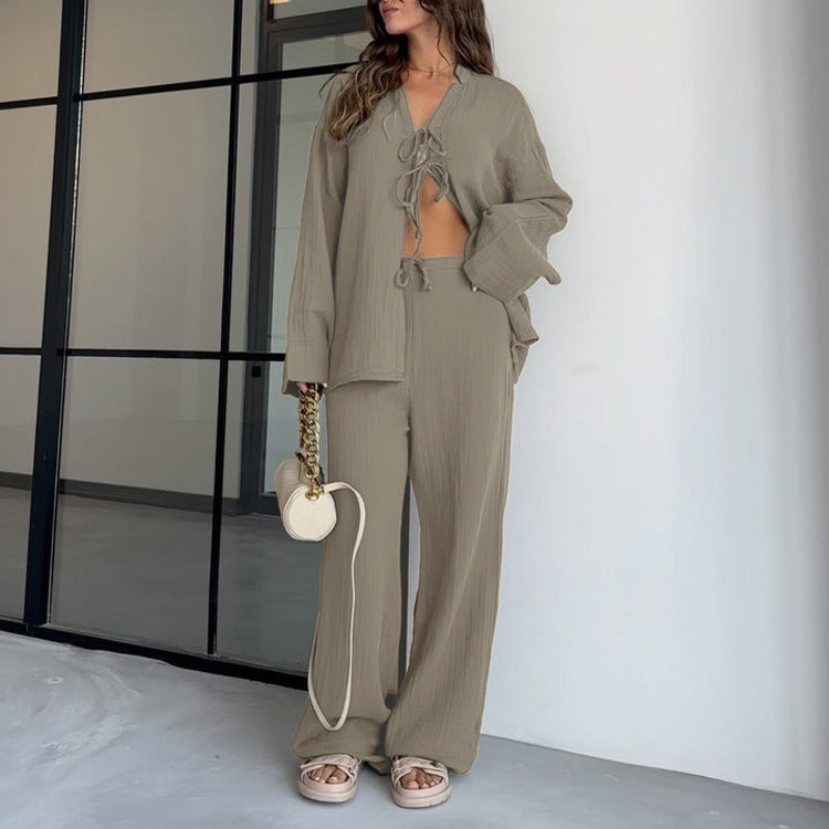 Cotton Champray Long Sleeve Lace up Cardigan