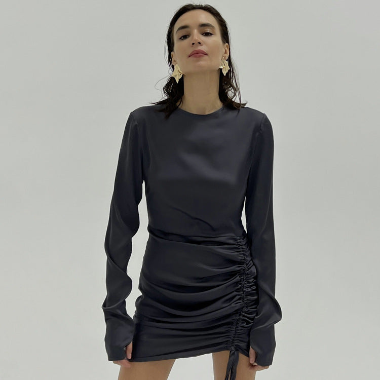 Long-Sleeve Satin Draped Dress