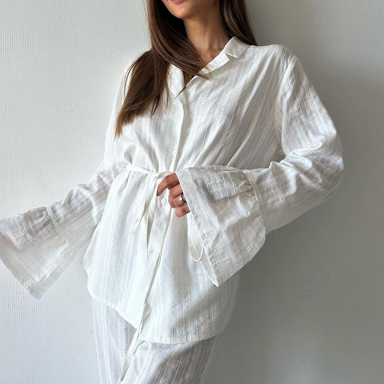 Ruffled Tied Shirt Trousers Two Piece Cotton Collared Long Sleeve Casual Lazy Set for Women