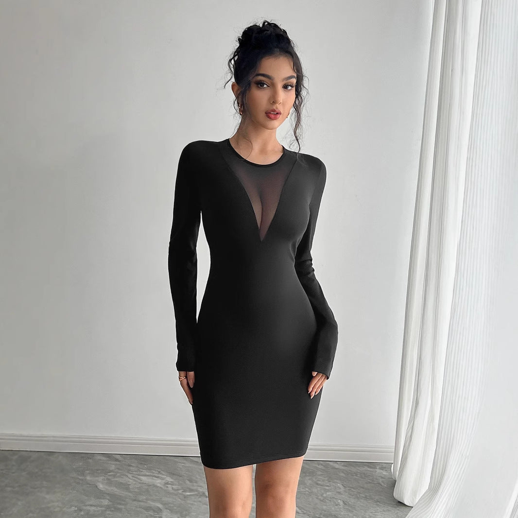 Mesh Stitching Long-Sleeve Slim Dress