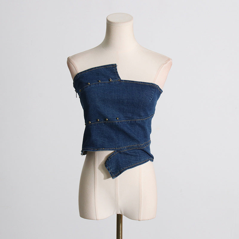 's Retro Blue Denim Tube Top Slim Short Vest
