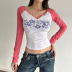 Women's Printed V Neck Raglan Top